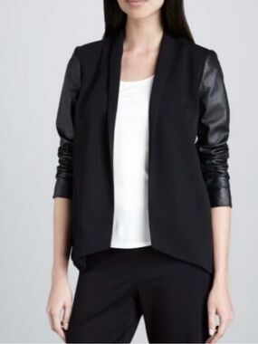 Eileen Fisher Black Draped Open-Front Jacket with Leather Sleeves